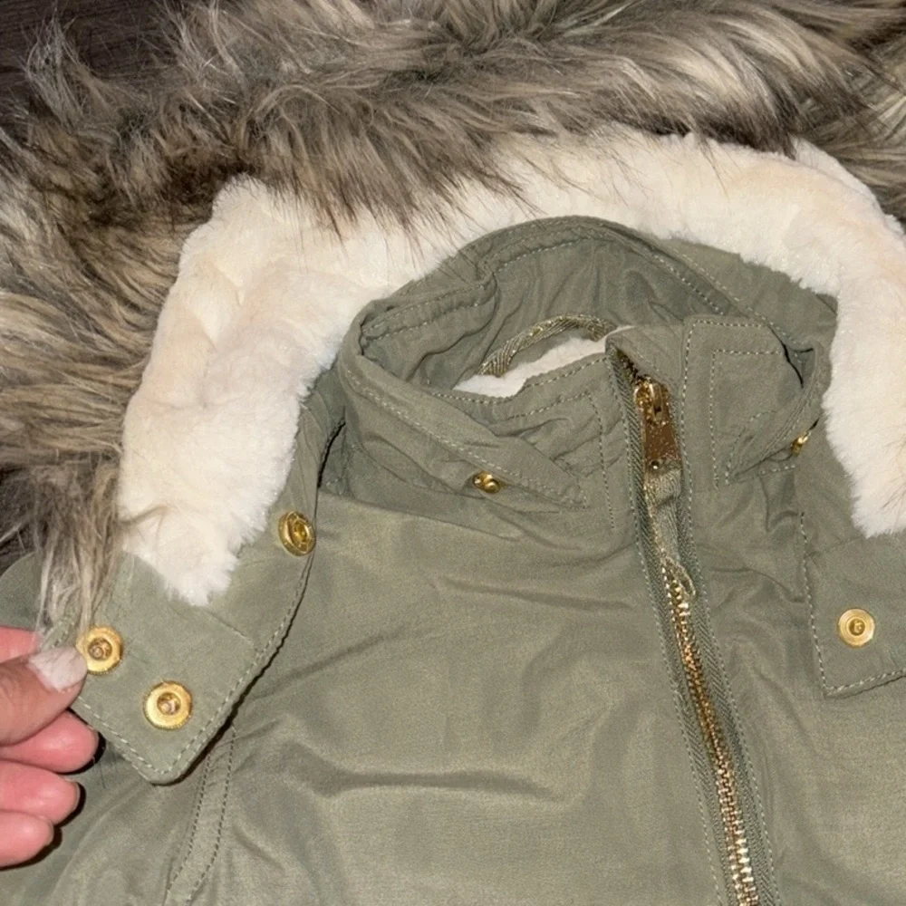 H&M Toddler Hooded Padded Parka w/Faux Fur Trim Size 3-4 Olive Green/Cream NWOT